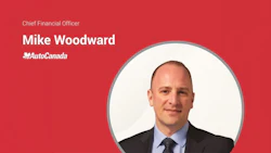 Mike Woodward, Chief Financial Officer at AutoCanada, professional headshot on red background