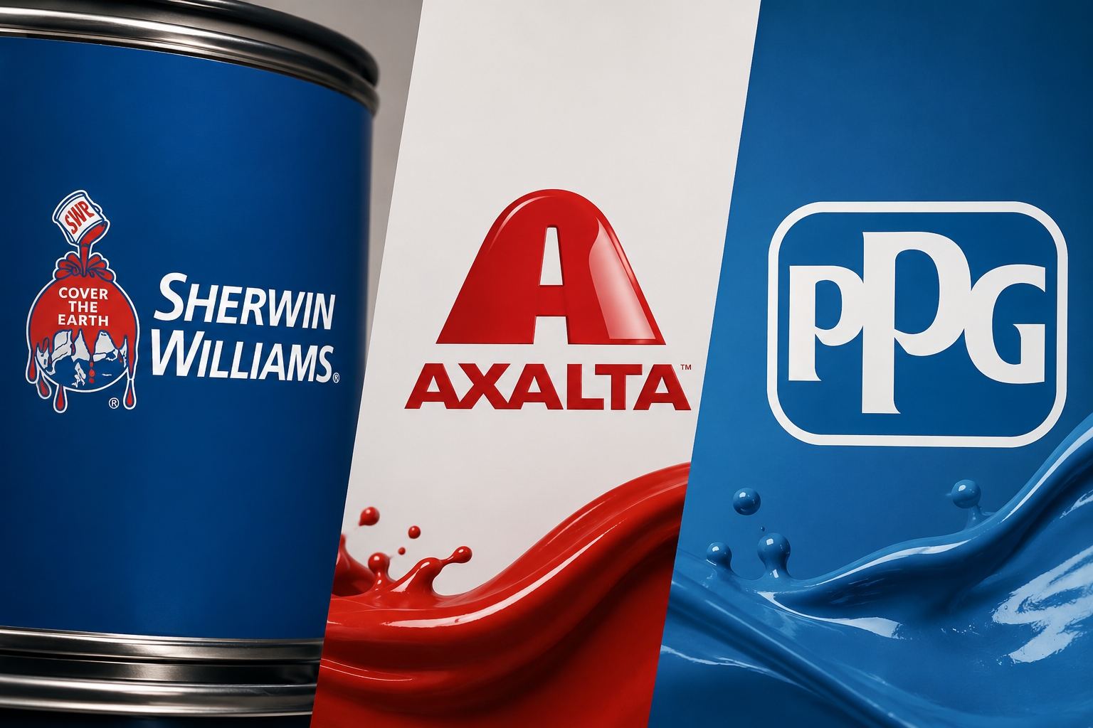 Three paint and coating brand logos displayed on blue and red containers: Sherwin Williams, Axalta, and PPG