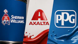 Three paint and coating brand logos displayed on blue and red containers: Sherwin Williams, Axalta, and PPG