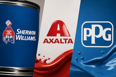 Three paint and coating brand logos displayed on blue and red containers: Sherwin Williams, Axalta, and PPG