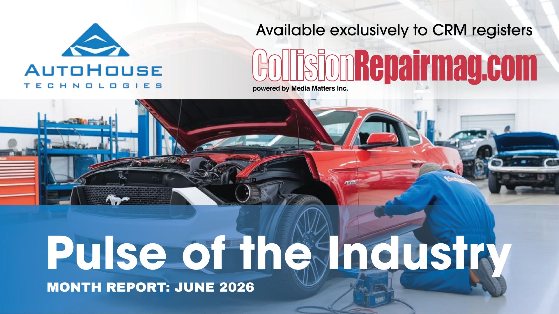 Red Mustang undergoing repair in auto shop with mechanic, promoting CollisionRepairMag.com's June 2026 industry report