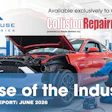 Red Mustang undergoing repair in auto shop with mechanic, promoting CollisionRepairMag.com's June 2026 industry report