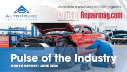 Red Mustang undergoing repair in auto shop with mechanic, promoting CollisionRepairMag.com's June 2026 industry report