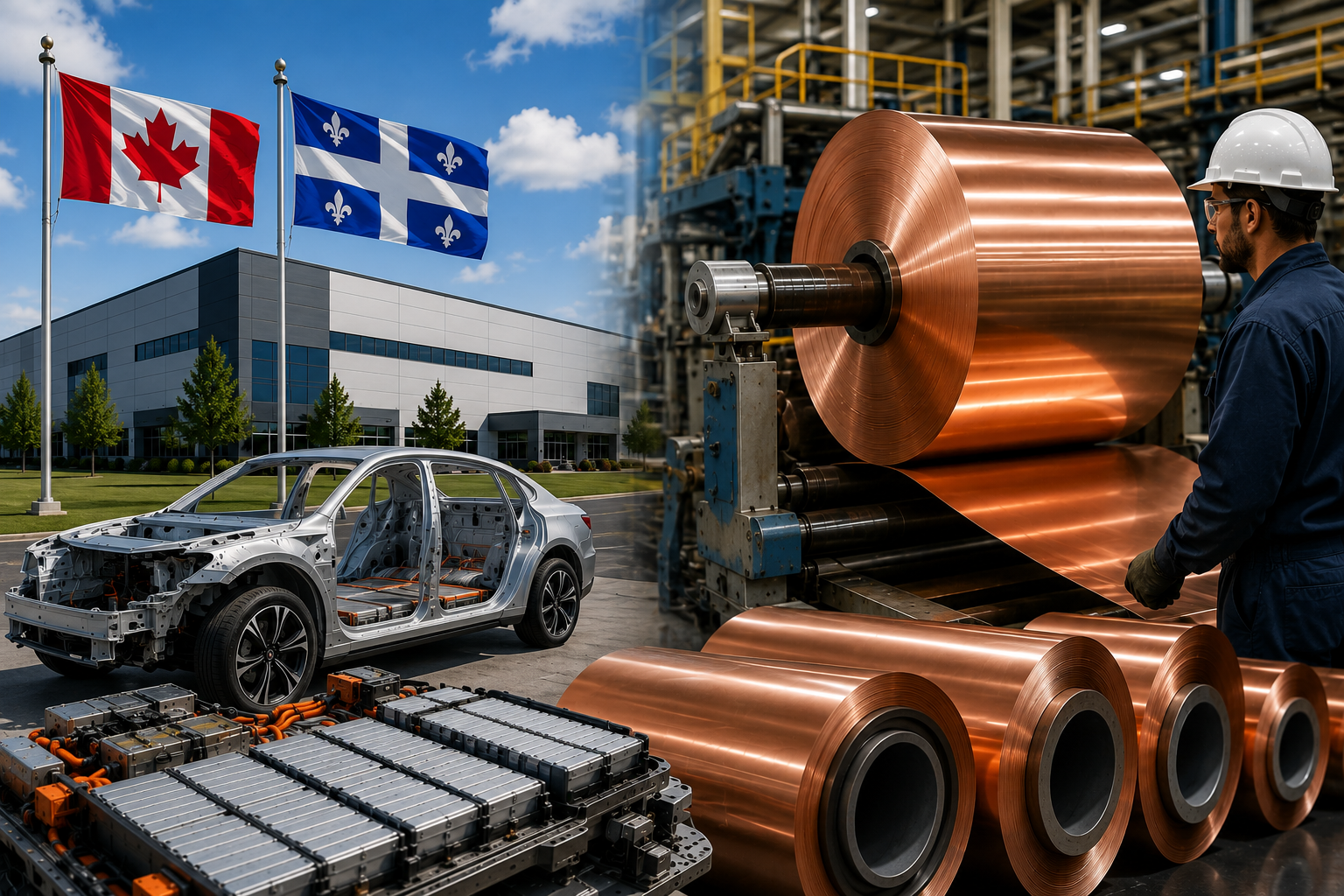 Canadian and Quebec flags at automotive manufacturing facility with copper coils and industrial equipment