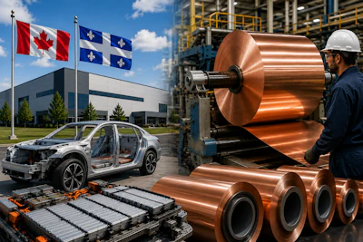 Canadian and Quebec flags at automotive manufacturing facility with copper coils and industrial equipment