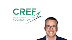 CREF Collision Repair Education Foundation logo with teal text and abstract geometric symbol