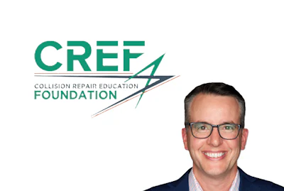 CREF Collision Repair Education Foundation logo with teal text and abstract geometric symbol