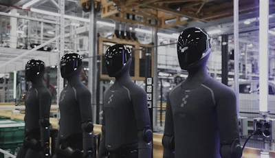 Row of black mannequins displayed in industrial warehouse setting with metal framework and equipment