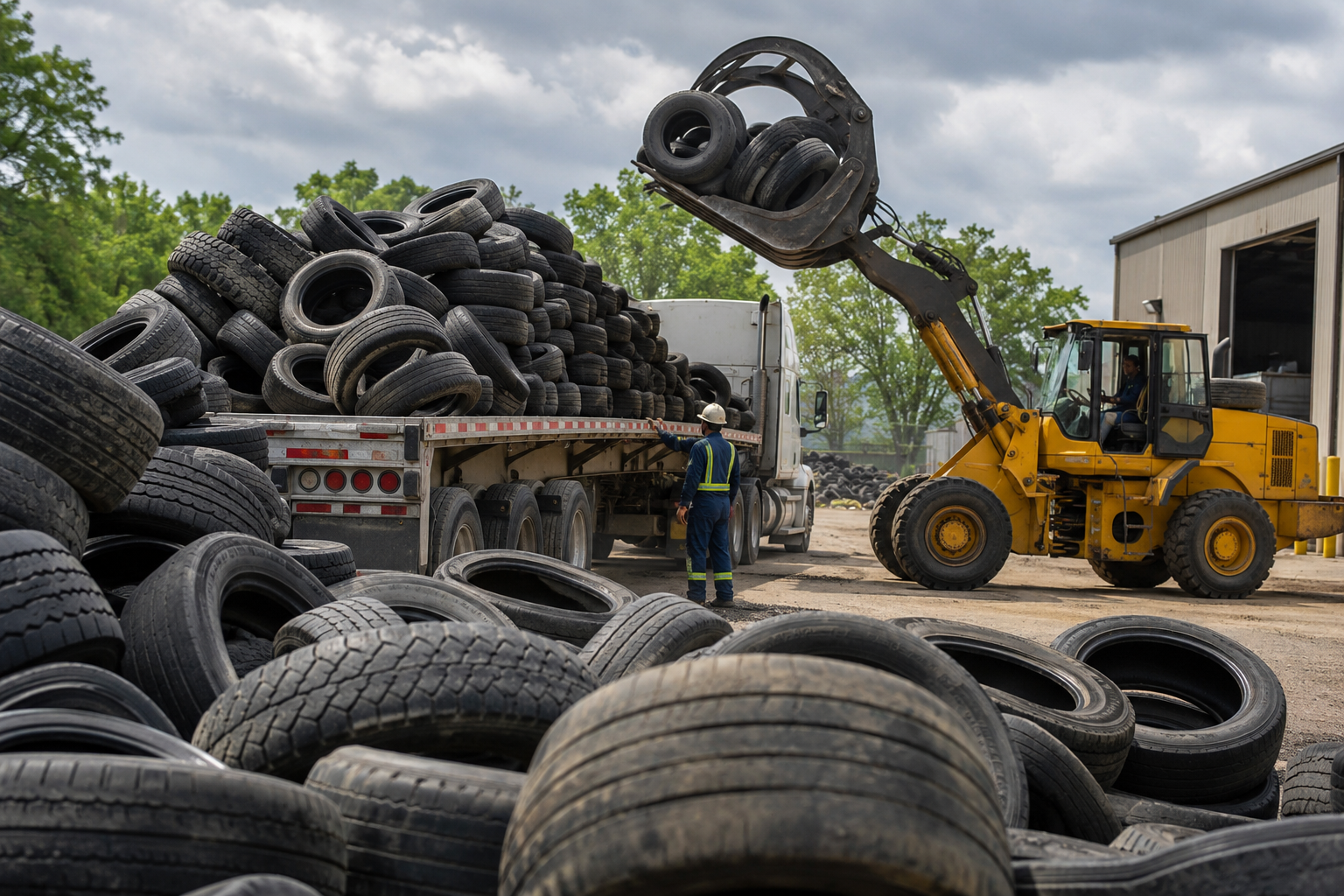 Tire recycling facility with wheel loader lifting oversized headphones above piles of used tires and delivery truck