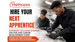 Tropicana Community Services apprenticeship job fair for autobody collision and repair featuring young workers training in a shop