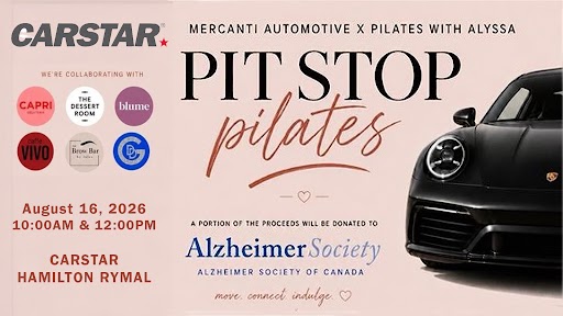 CARSTAR Pit Stop Pilates event poster featuring partner logos, black Porsche, and Alzheimer Society charity details for August 16, 2026