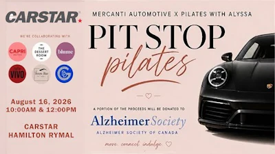 CARSTAR Pit Stop Pilates event poster featuring partner logos, black Porsche, and Alzheimer Society charity details for August 16, 2026