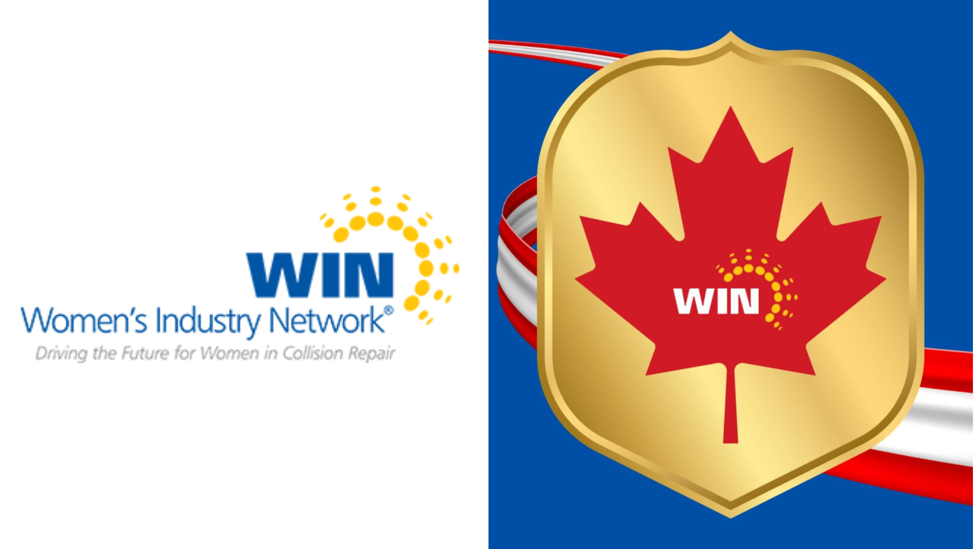 Women's Industry Network WIN logos: circular dotted design and Canadian maple leaf shield badge variant