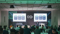 Iris Global Forum conference presentation with speaker addressing audience in modern venue with teal-lit ceiling and dual projection screens