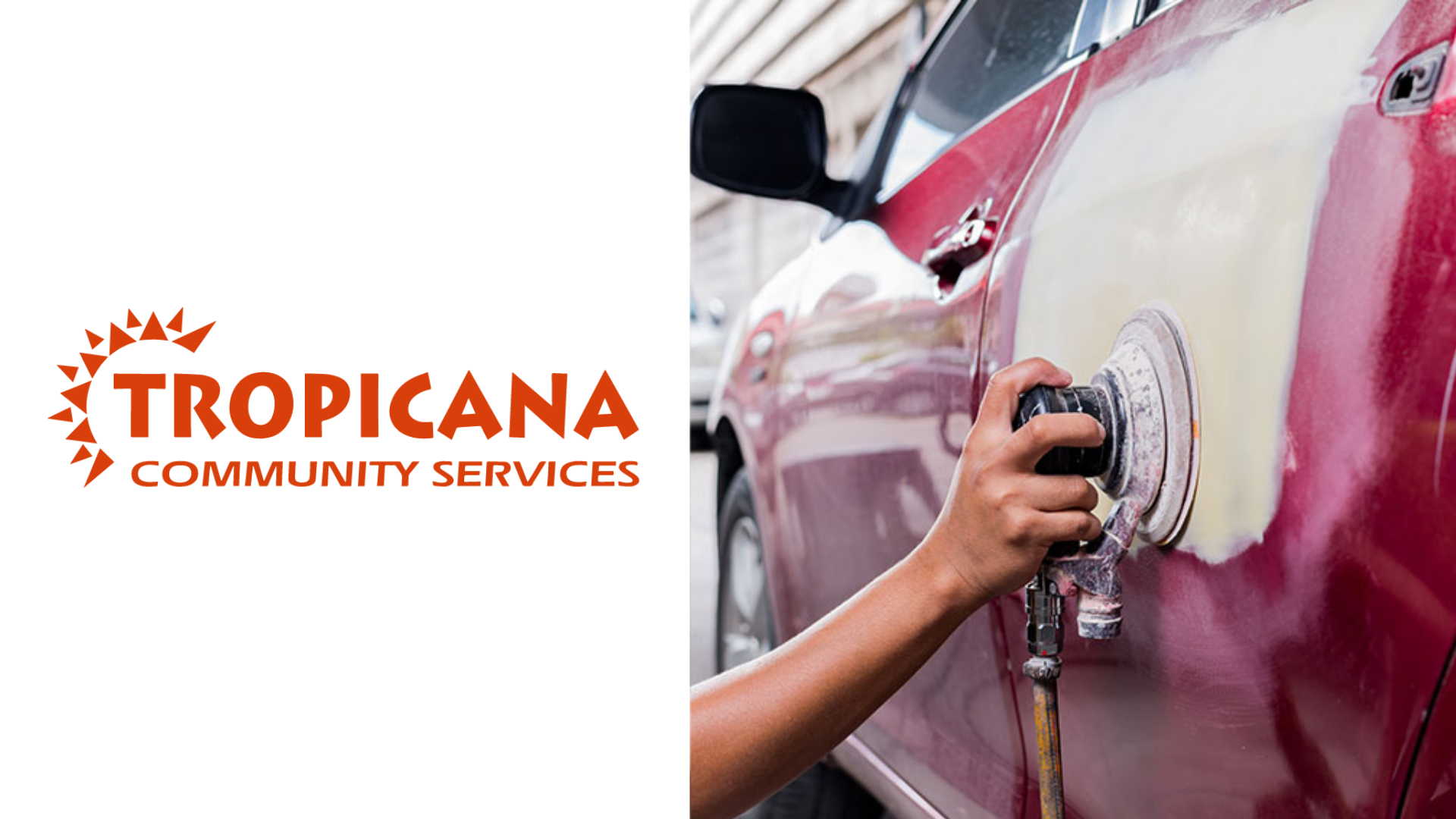 Tropicana Community Services logo with worker polishing pink and white vehicle