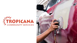 Tropicana Community Services logo with worker polishing pink and white vehicle