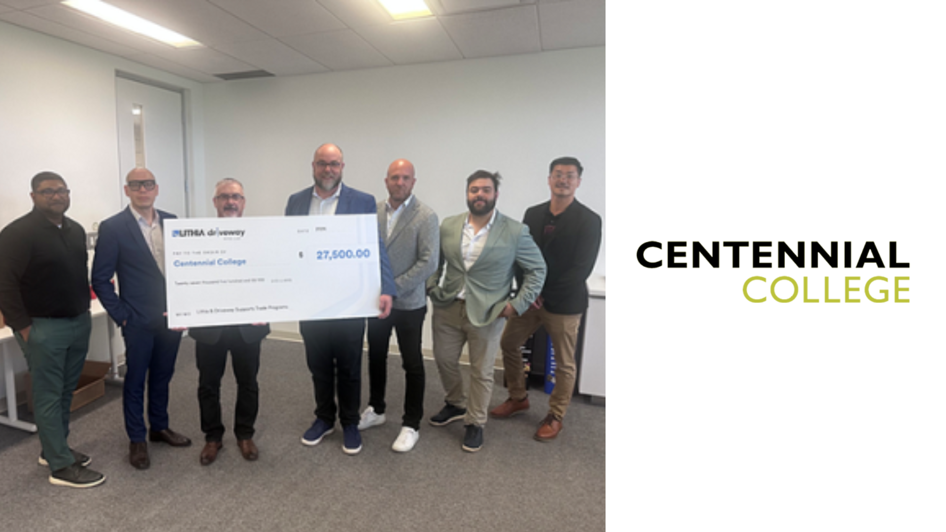 Seven men in business attire hold a ceremonial check for $27,500 donation to Centennial College in an office setting