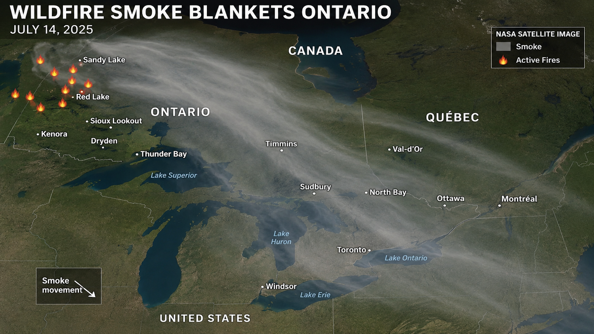 NASA satellite image showing wildfire smoke blankets across Ontario and Quebec on July 14, 2025, with active fire locations marked in orange.