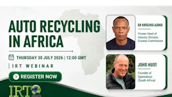 Auto Recycling in Africa IRT webinar promotional poster featuring speakers Dr Kamlick Ajuko and John Hunt, scheduled for July 30, 2026