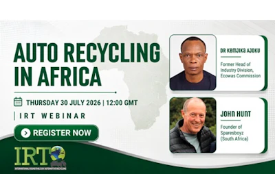 Auto Recycling in Africa IRT webinar promotional poster featuring speakers Dr Kamlick Ajuko and John Hunt, scheduled for July 30, 2026