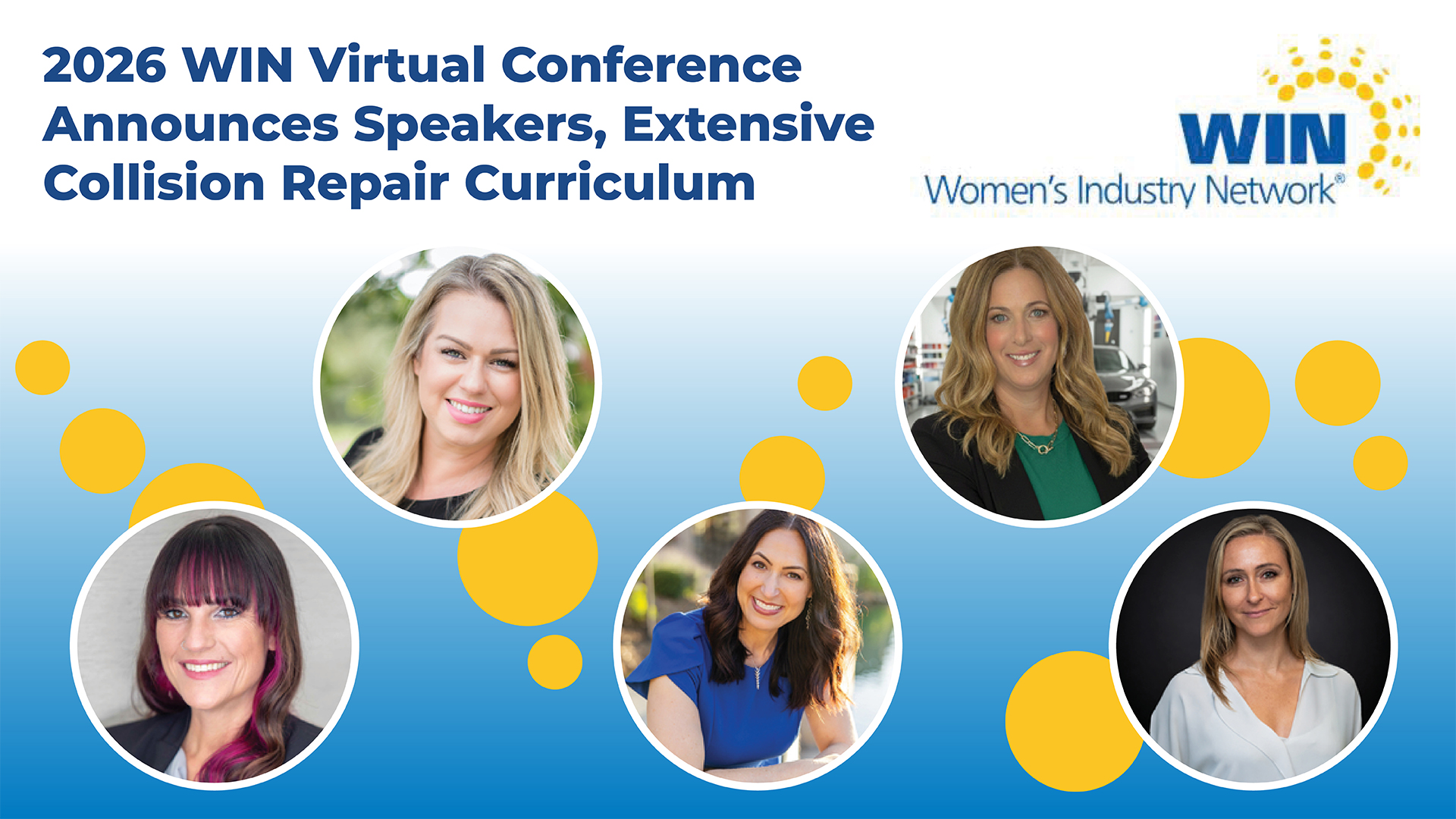 2026 WIN Virtual Conference announcement featuring speakers and collision repair curriculum with Women's Industry Network logo