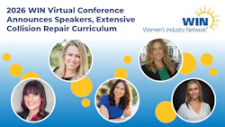 2026 WIN Virtual Conference announcement featuring speakers and collision repair curriculum with Women's Industry Network logo