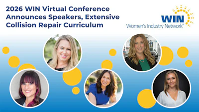 2026 WIN Virtual Conference announcement featuring speakers and collision repair curriculum with Women's Industry Network logo