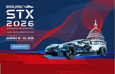 WorldPac STX 2026 Supplies & Training Expo event banner featuring futuristic car and Capitol building, August 19-23, 2026
