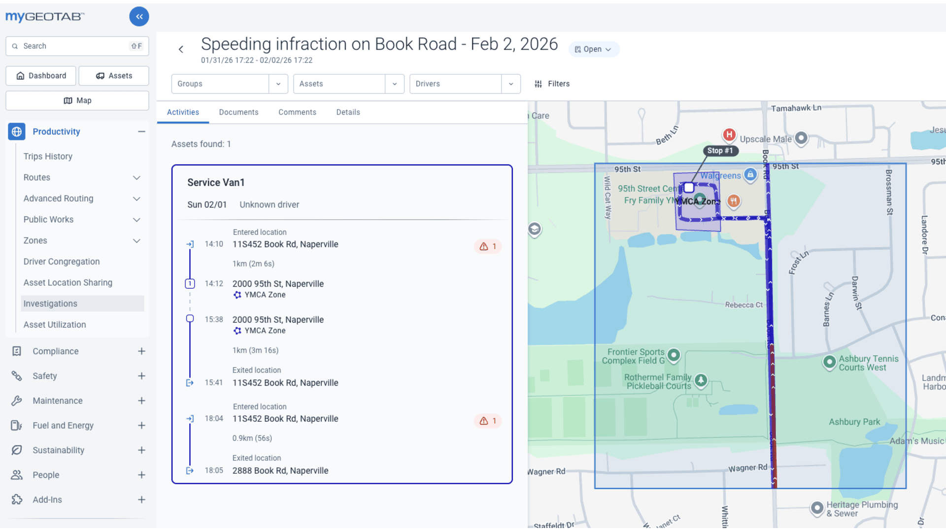 Traffic incident management dashboard showing speeding infraction on Book Road with map location and service visit timeline