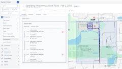 Traffic incident management dashboard showing speeding infraction on Book Road with map location and service visit timeline