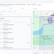 Traffic incident management dashboard showing speeding infraction on Book Road with map location and service visit timeline