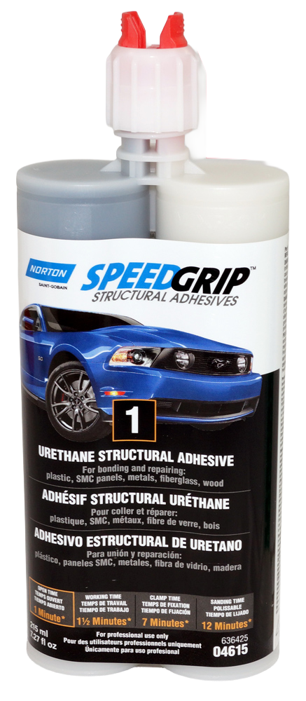Norton SpeedGrip urethane structural adhesive dual-cartridge dispenser with red applicator tips