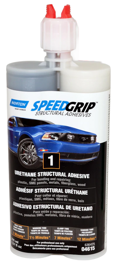 Norton SpeedGrip urethane structural adhesive dual-cartridge dispenser with red applicator tips