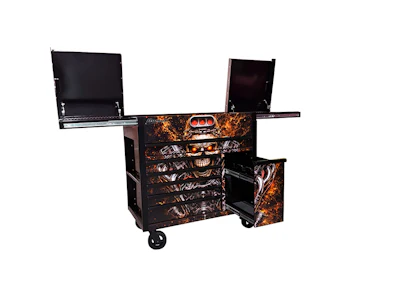 Black and copper mobile tool chest with multiple drawers, flip-up work surfaces, and wheeled base for workshop storage