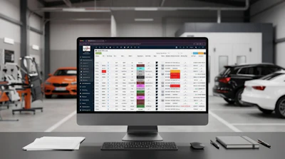 Desktop computer displaying data management software in an automotive service garage with orange and white vehicles visible in the background