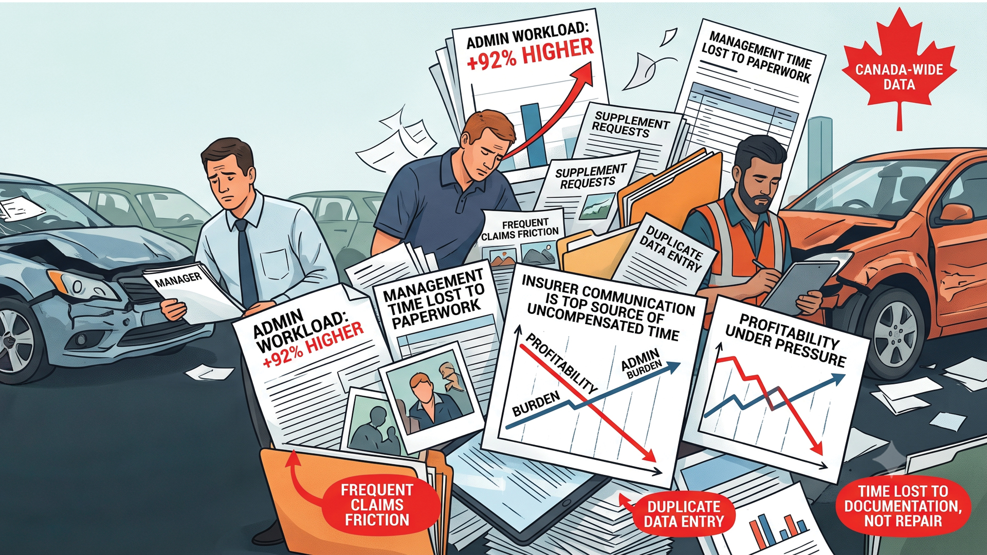 Insurance industry infographic showing administrative workload challenges, frequent claims friction, and management inefficiencies affecting profitability.