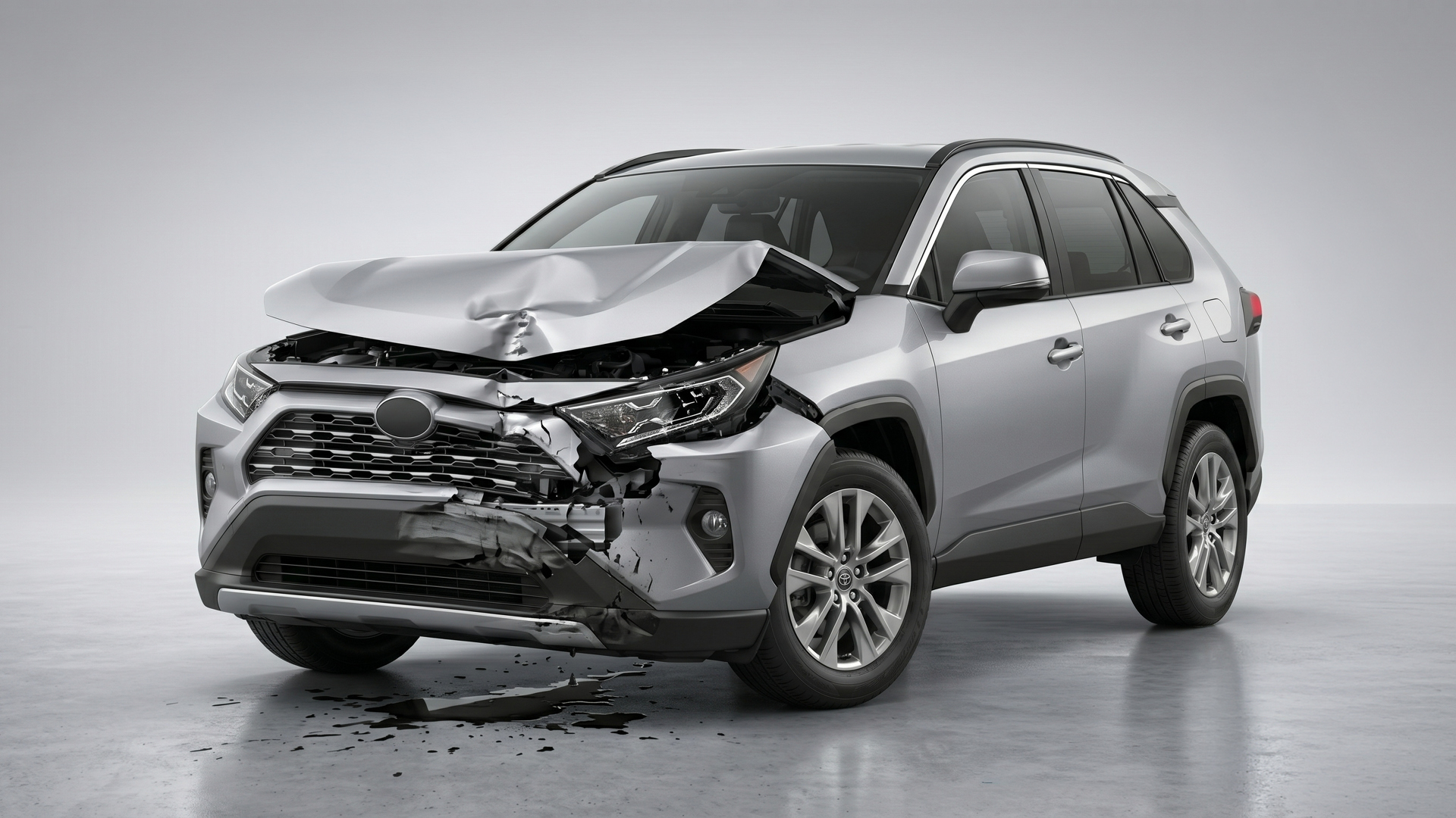 Silver Toyota RAV4 SUV with severe front-end collision damage and deployed airbags