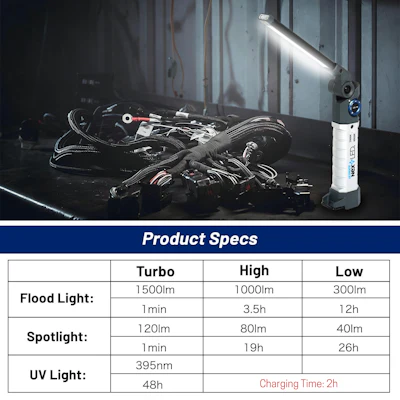 Professional portable LED work light with turbo, high, and low brightness modes displayed with automotive cables and connectors