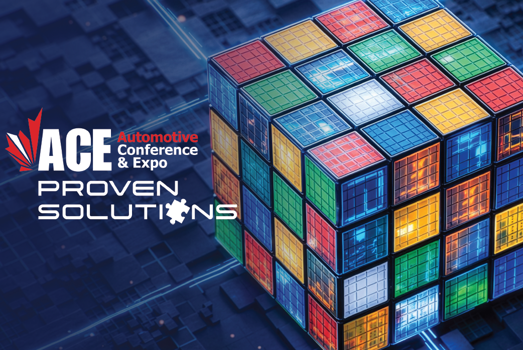 ACE Automotive Conference & Expo Proven Solutions logo with 3D colorful cube on digital circuit background