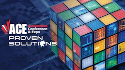 ACE Automotive Conference & Expo Proven Solutions logo with 3D colorful cube on digital circuit background