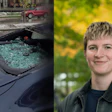Damaged car windshield with shattered glass beside portrait of young person outdoors