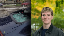 Damaged car windshield with shattered glass beside portrait of young person outdoors