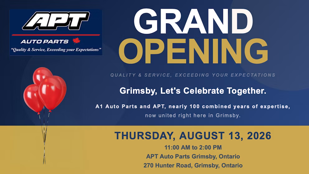 APT Auto Parts grand opening celebration announcement for Grimsby location on August 13, 2026