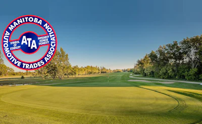 ATA Automotive Trades Association of Manitoba logo featuring red and blue circular badge with integrity and stability symbols
