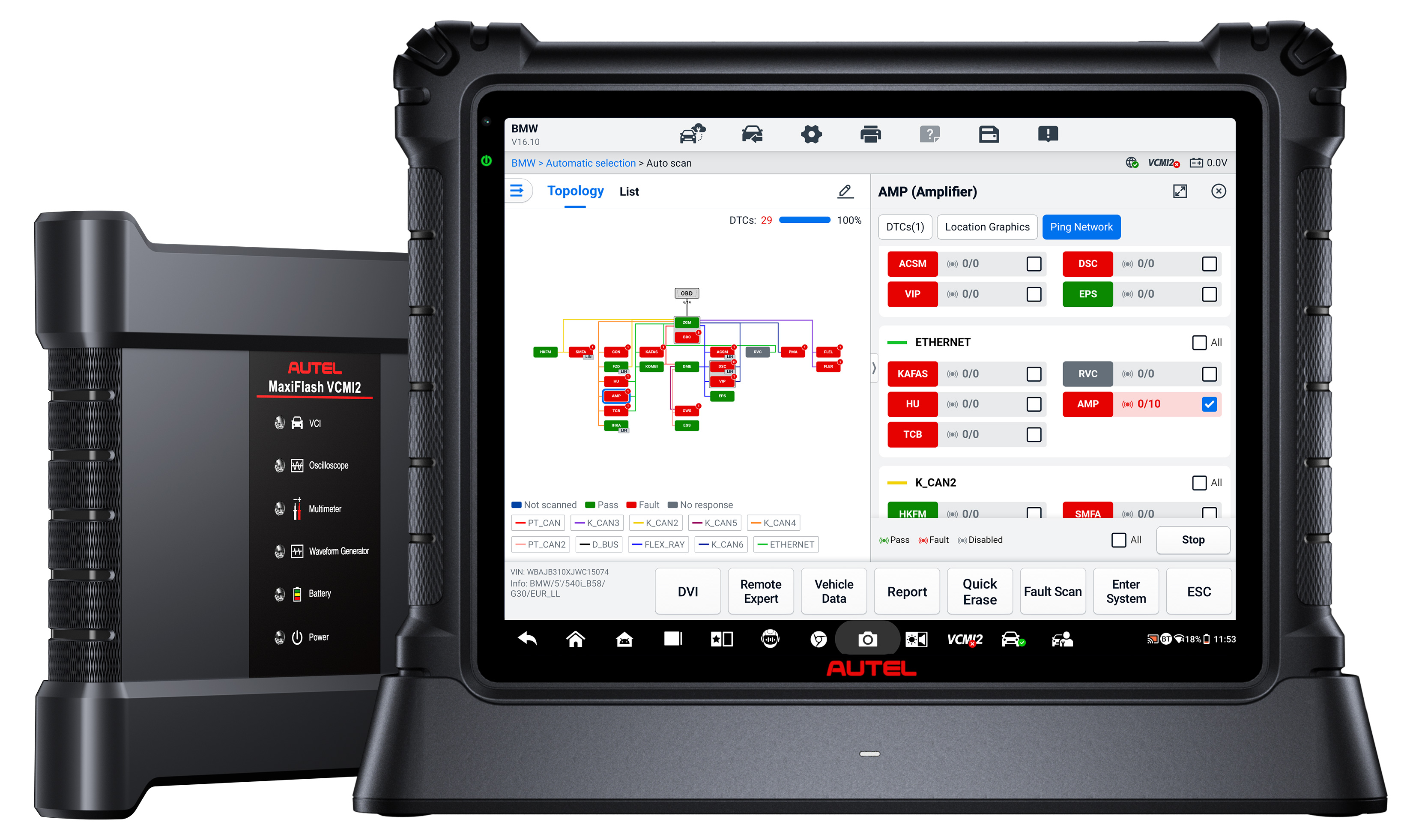 Autel MaxiSys diagnostic tablet displaying vehicle system topology and diagnostic parameters with handheld scanner unit