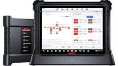 Autel MaxiSys diagnostic tablet displaying vehicle system topology and diagnostic parameters with handheld scanner unit