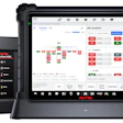 Autel MaxiSys diagnostic tablet displaying vehicle system topology and diagnostic parameters with handheld scanner unit