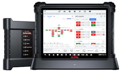 Autel MaxiSys diagnostic tablet displaying vehicle system topology and diagnostic parameters with handheld scanner unit