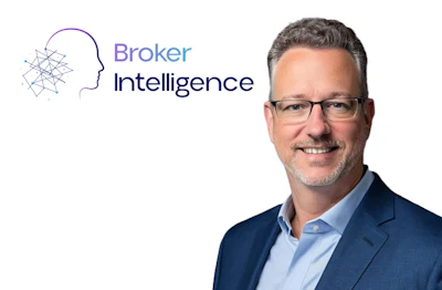 Broker Intelligence logo with geometric head icon and professional headshot of male executive