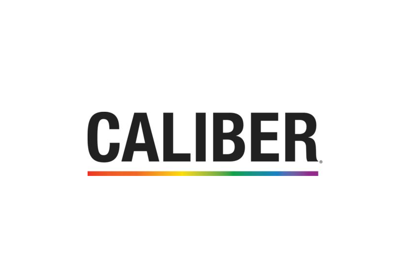 Caliber logo with bold black text and rainbow gradient underline